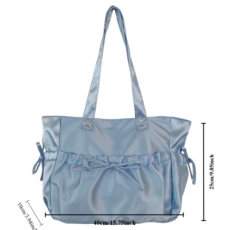 Preppy Style Pearly Lustre Satin Tote Bag Ruched Bow Large Capacity Underarm Bag Cute Women Wear Resistant Ballet Shoulder Bag