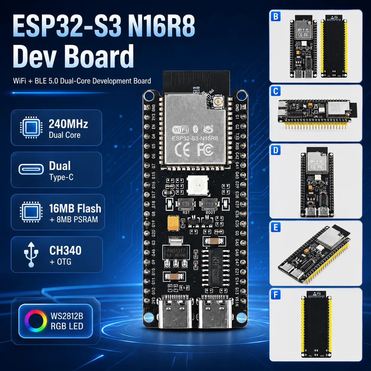 ESP32-S3 N16R8 WiFi BLE 5.0 Development Board 16MB Flash 8MB PSRAM Dual Type-C USB OTG CH340 240MHz Dual Core MCU IoT Module