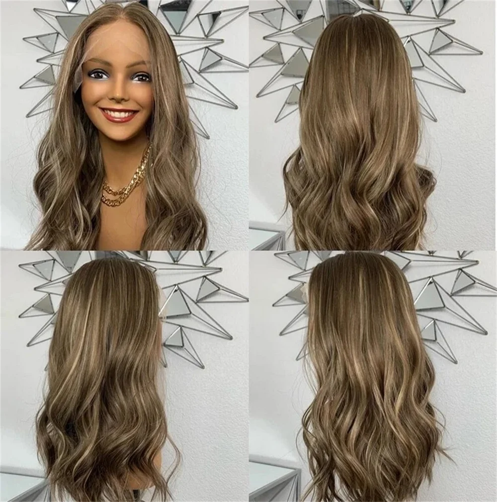 

Cosplay Syntheic Wig Long Natural Wave Blonde Brunette Highlights Natural Hairline Lace Wig High Heat Fibre Women Wigs Realistic