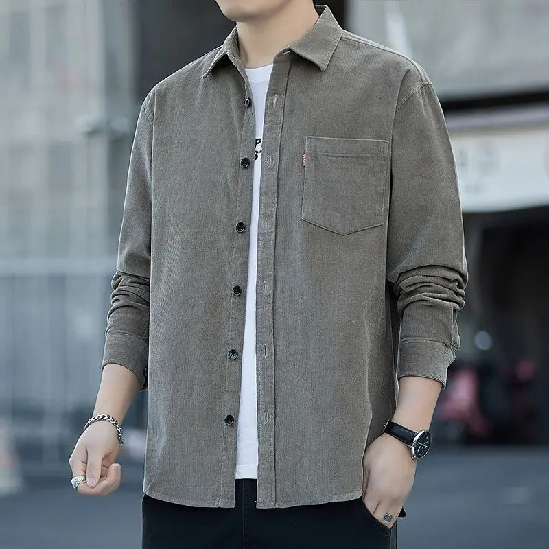 Spring Autumn Turn-down Collar Solid Color Button Long Sleeve Pockets Men's Clothing Casual Cardigan Shirt Boyfriend Tops