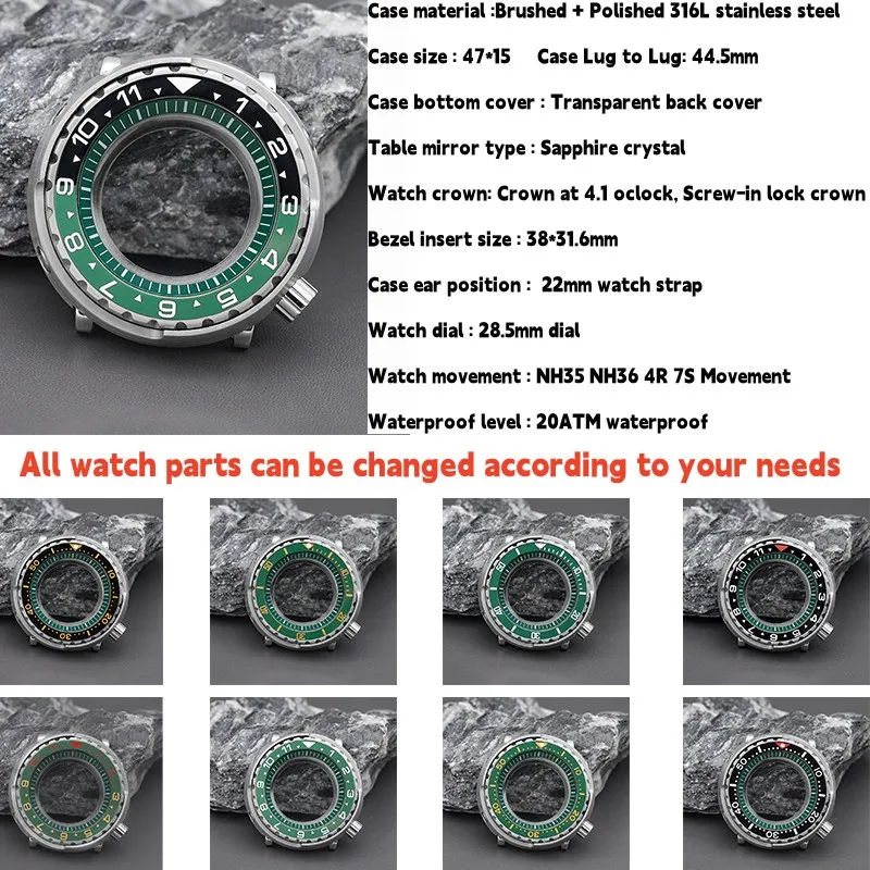 Seiko Mod Silver Tuna Watch Case with Waterproof Saphhire Crystal For NH35 NH36 4R 7S Movement Green Steel Bezel Insert