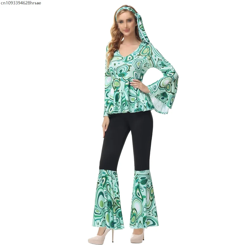 Damski strój disco hippie lata 70. kostium retro błyszcząca suknia balowa dzwony fantazyjny strój kostiumy na Halloween cosplay