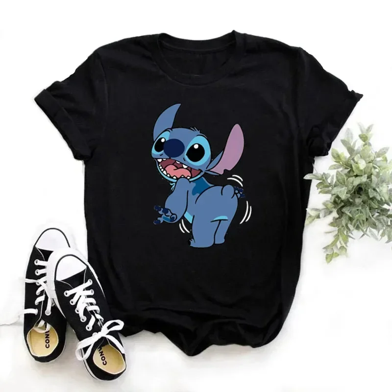 Disney Lilo Stitch Cotton Children T-shirts Cute Cartoon Black Top Summer O-neck Ohana Stitch Baby Tees Boy Girl Kid Clothes