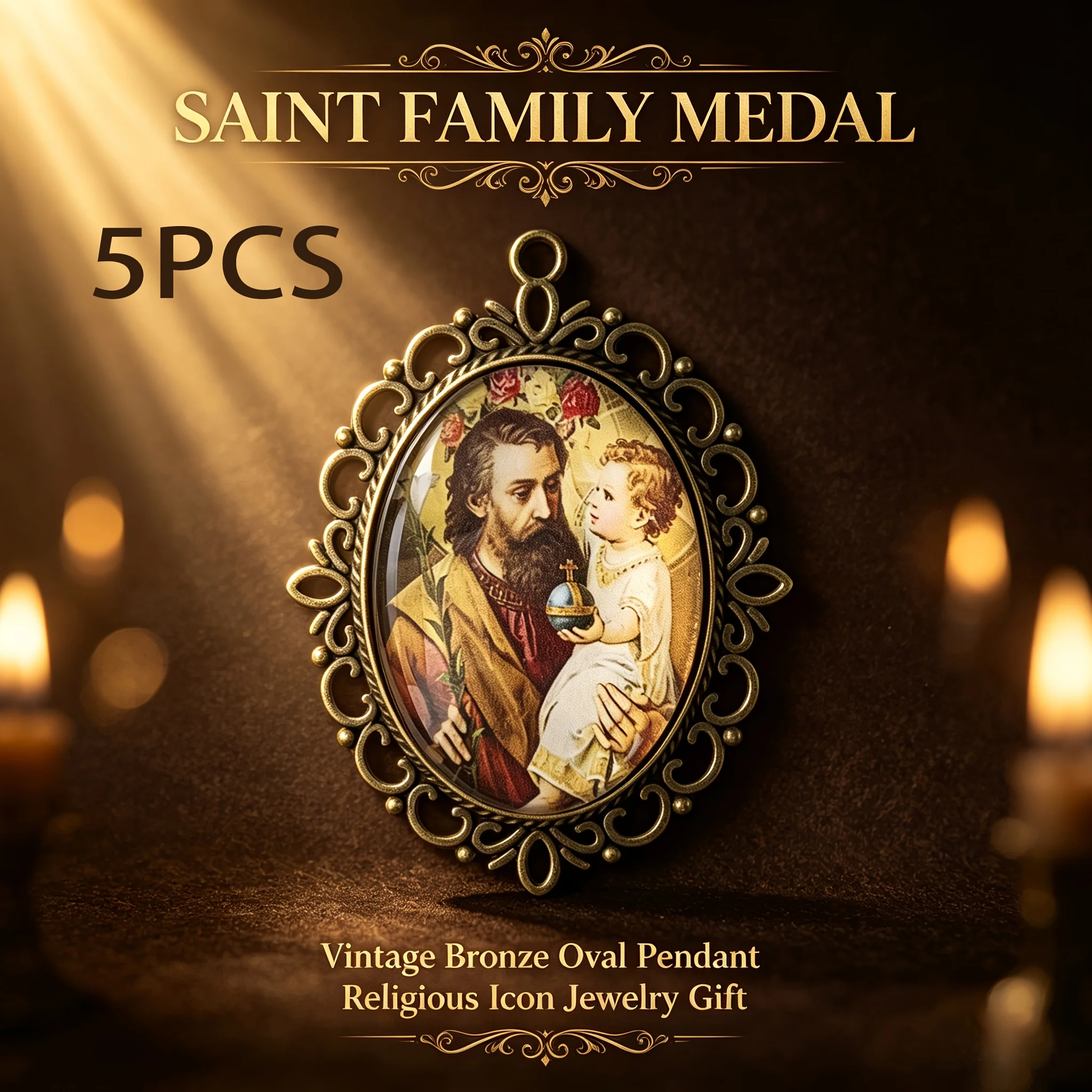 5Pcs Vintage Bronze Hollow Frame Saint Joseph & Jesus Oval Pendants, Catholic Religious Charms, DIY Jewelry Findings, Fait
