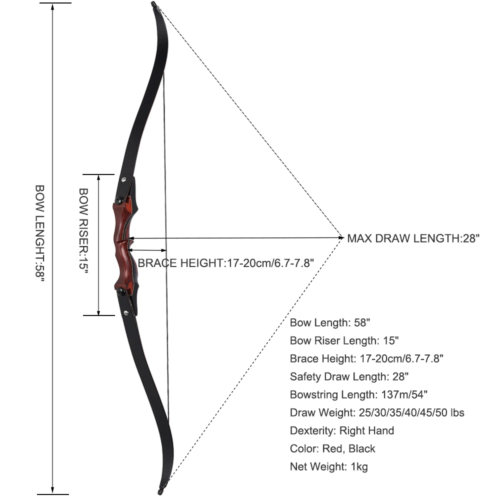 Toparchery 58inch Archery Recurve Bow ILF Bow 25-50lbs Take-down Bow Right-handed for Hunting Outdoor Shooting Practice