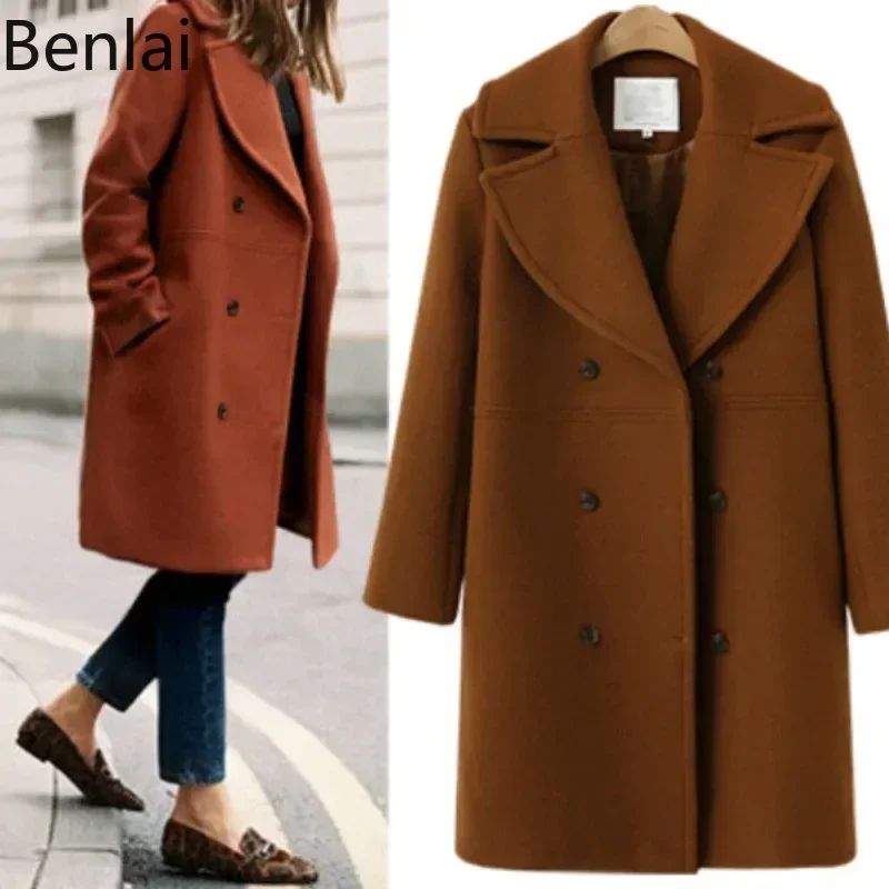 Autumn and Winter Plus Size Cross-border Women's Woolen Coat, Women's Doubles Breasted Mid Length Trench Coat, Woolen Coat