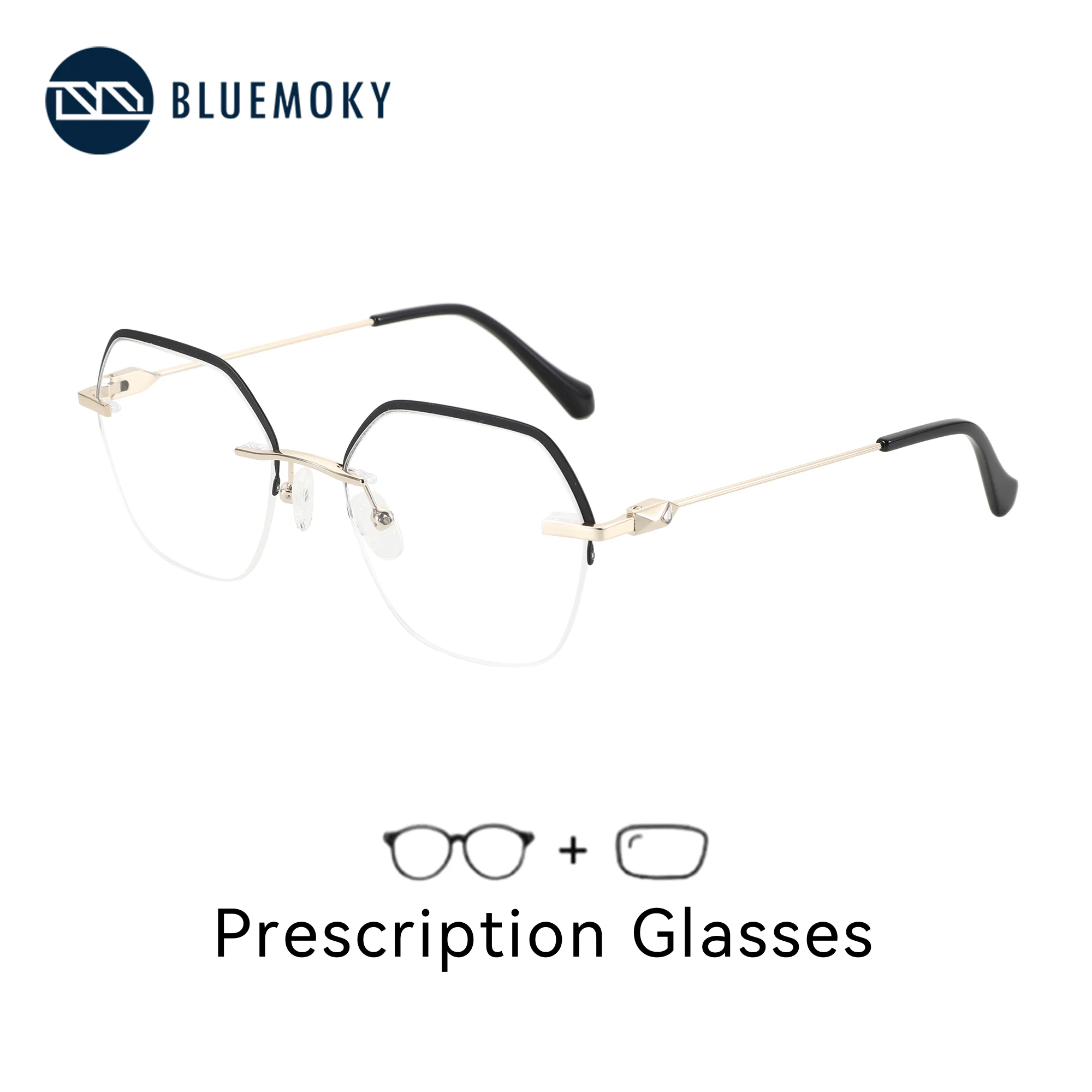 BLUEMOKY L Size Metal Polygon Half Rim Prescription Glasses For Women Blue Light Myopia/Photochromic Optical Lenses With Recipe