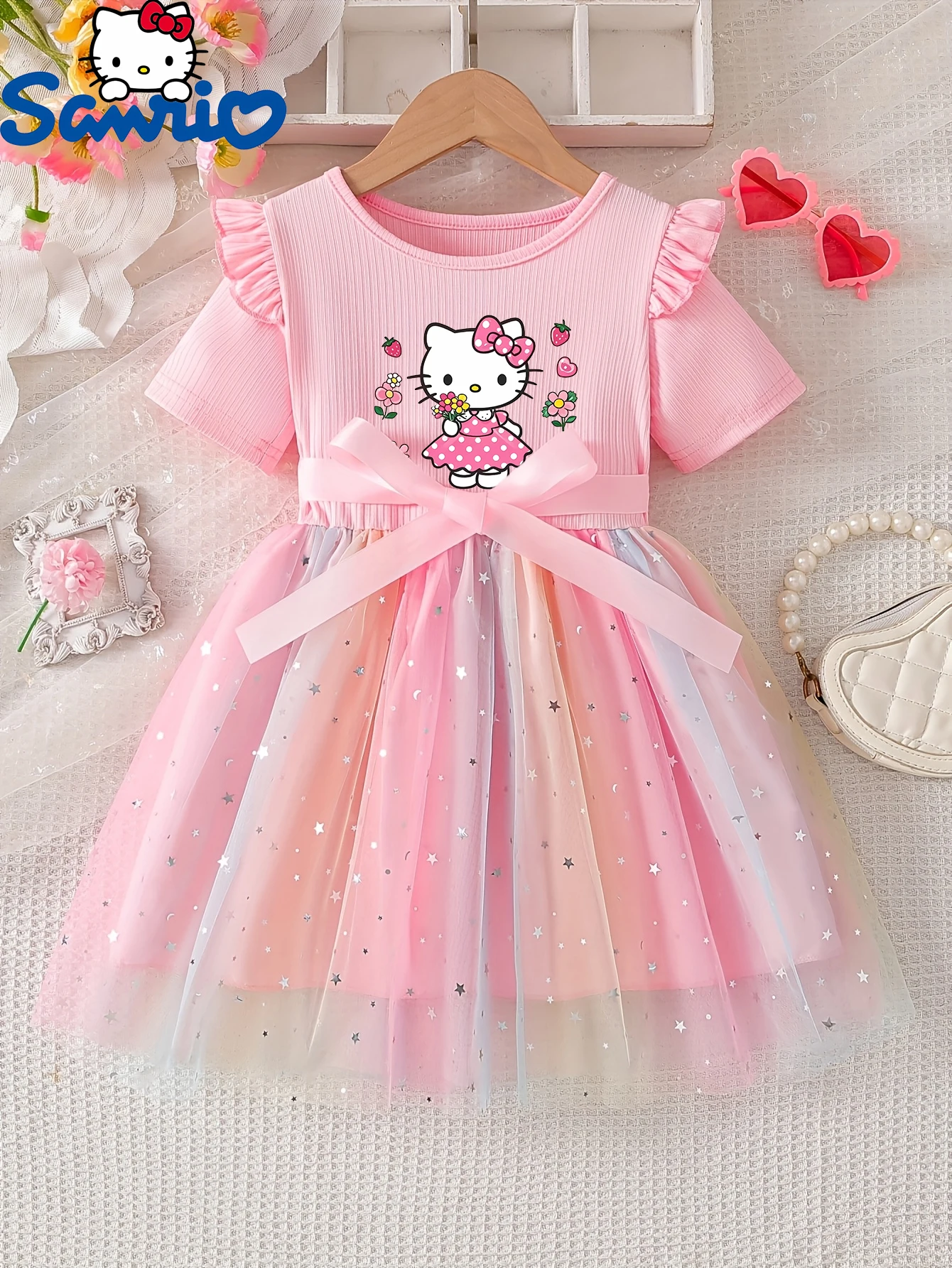 Cartoon Princess Kids Outfit, European‑style Girls' Dress, Pink Tulle Hello Kitty Princess Dress