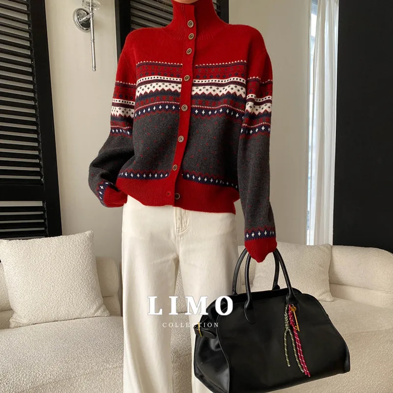 

LIMO 2025 Spring Summer Geometric Jacquard Knit Cardigan Women's Vintage Casual Lightweight Polyester Open Front Sweater