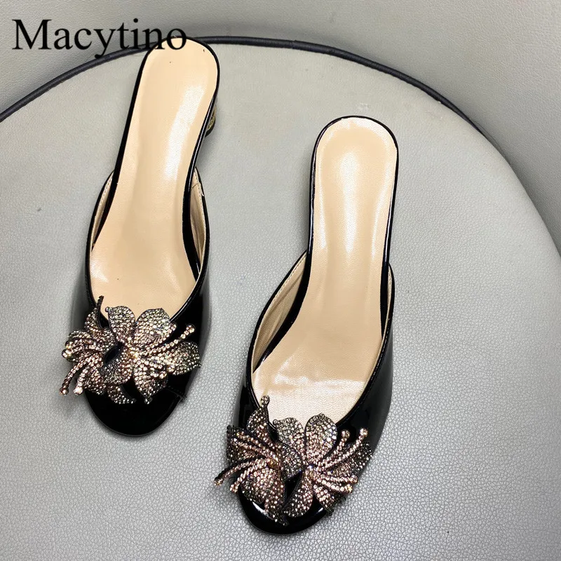 Ladies Rhinestone Flower Design High Heel Slippers round Toe Drill Heel Fashion Party Footwear