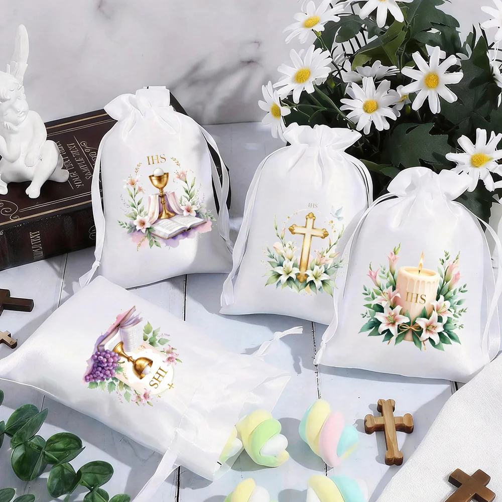 5 Stück 13 x 18 cm große Geschenktüten mit Kordelzug für die Erstkommunion, für sie, ihn, Taufe, Firmung, für Familie, Freunde, Gäste