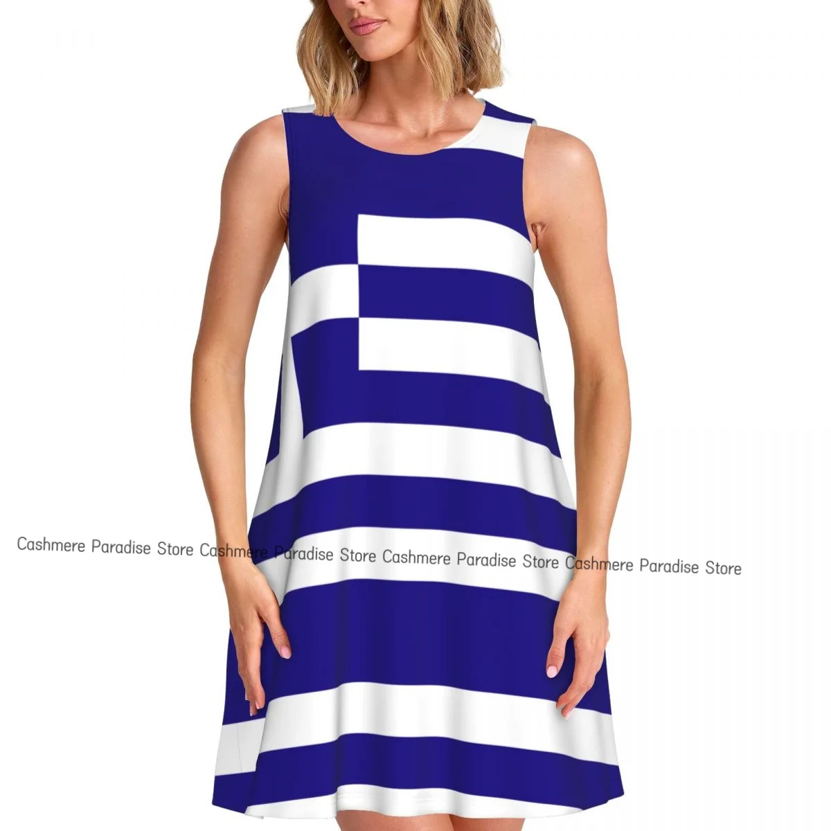 Damen Kleid Griechenland Flagge Sommer Casual T-Shirt Kleider Strand Cover Up Tank Kleid