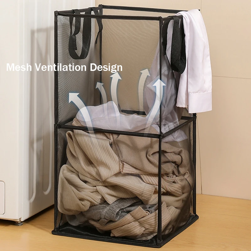 1 قطعة سلة الغسيل ذات المقصورة المزدوجة ، منظم لعبة شبكي ذو سعة كبيرة مع مقابض للمنزل ، سلال تخزين الملابس القابلة للطي #4