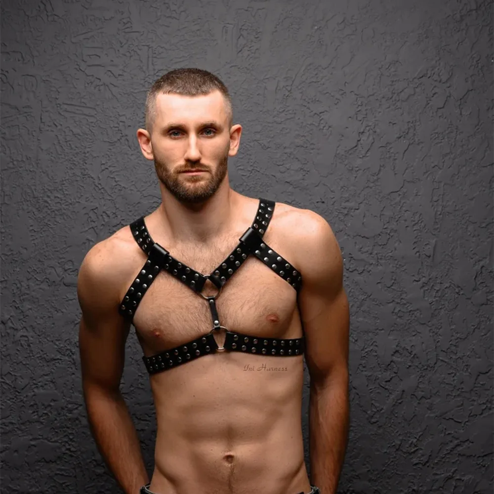 

Gay Rave Harness Sexy Men Lingerie Gothic Punk Harness Belt Faux Leather Caged Body Chest Muscle Harness Belt With Metal O Rings