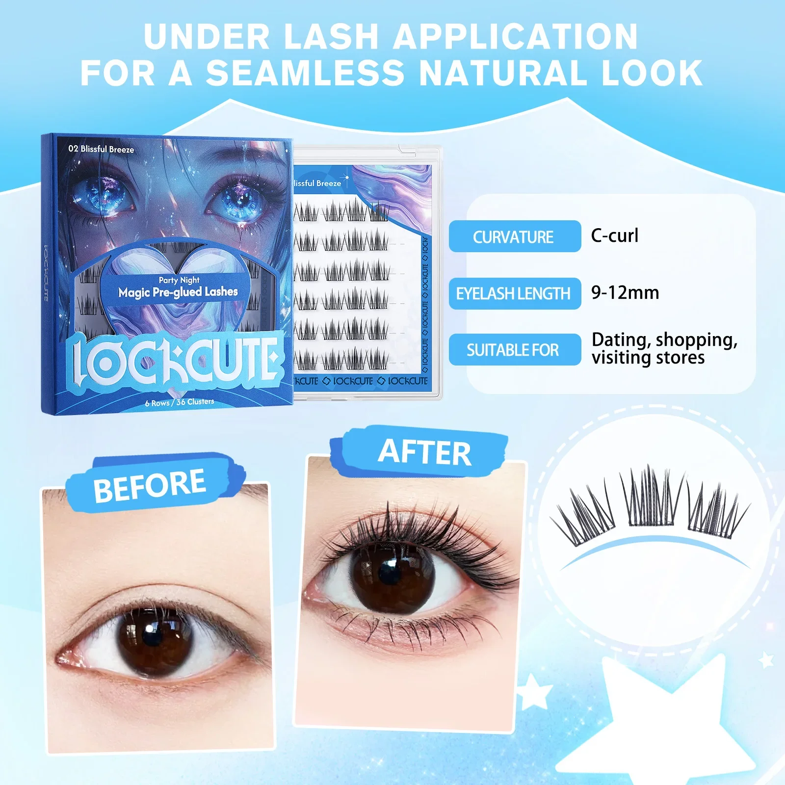 Sztuczne rzęsy z klejem LOCKCUTE, 6 rzędów/36 kępek, trwałość 24h, komfort na cały dzień, zestaw do przedłużania rzęs pojedynczych 9-12mm na imprezę/do codziennego użytku