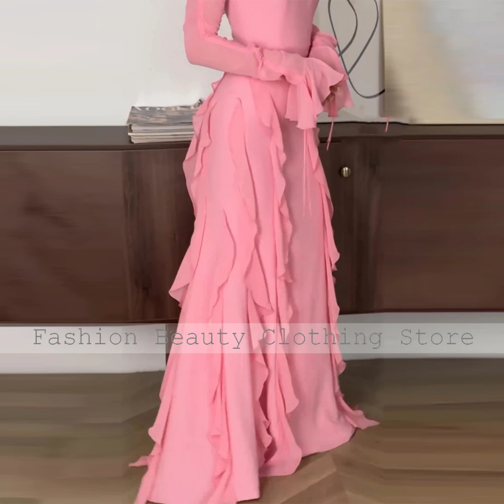 Wedding Guest Dress Women Modern Pink Chiffon Ruffles Flare Sleeve Party Straight High Collar Luxury Dresses Women 2024 Wedding