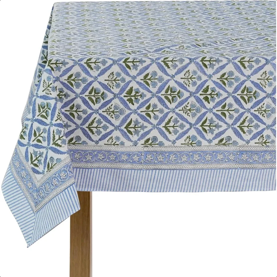 

Light Steel Blue Hand Block Print Cotton Rec Tablecloth 90 x 60 inches Reusable Table Cover Decorative Everyday Use for Dining
