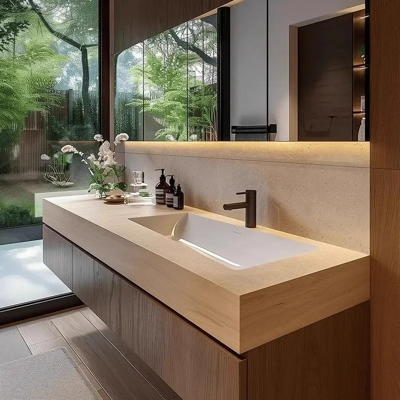 Rock slab seamless bathroom cabinet integrated ceramic combination bathroom hand washing hotel wash intelligent storage face was