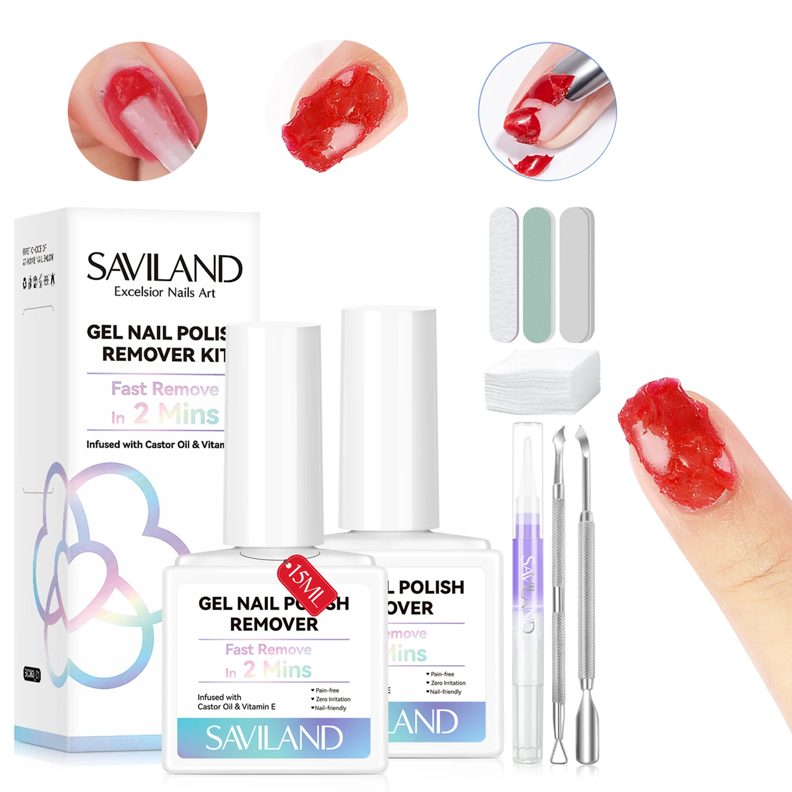 SAVILAND ジェルネイルリムーバーキット 2個入り 30ml ソークオフ不要 2～3分で素早く除去 家庭用・業務用ツール付き