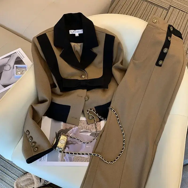 

Women Elegant Brown Y2k Suit Bow Jacket Coat Crop Top And Pant Two Piece Set Fashion Casual Tracketsuit Matching Outfit Clothing