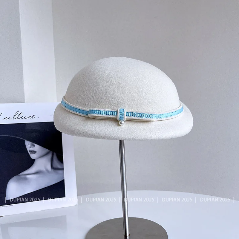 

Модная элегантная шерстяная шляпа с жемчужными лентами, французская элегантная банкетная официальная женская беретная кепка, женская шляпа-федора для отдыха, шляпа художника