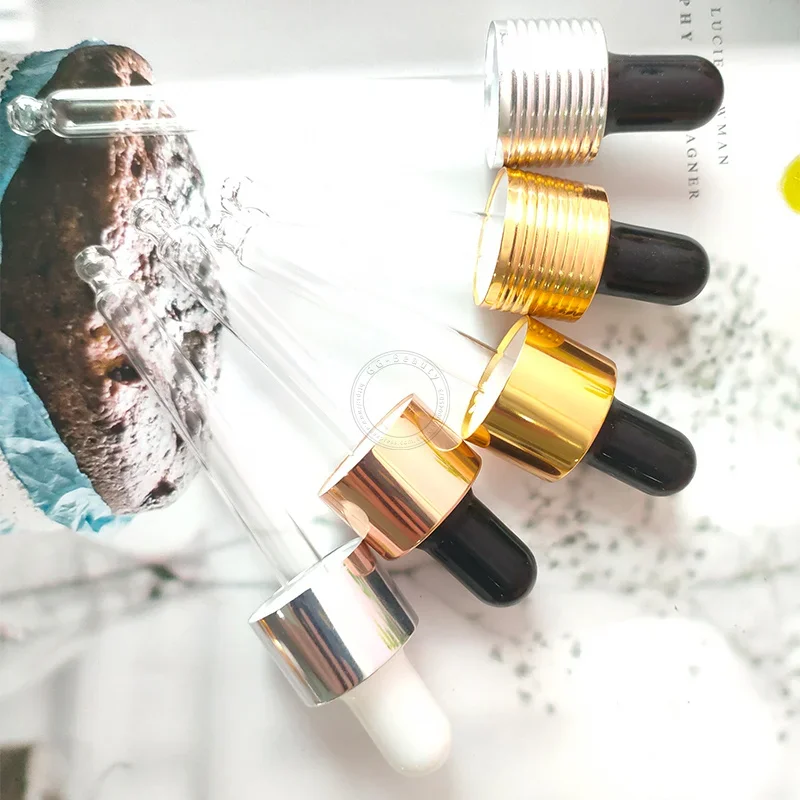 Atacado tampa conta-gotas brilhante tampa conta-gotas de vidro de alumínio pipeta de vidro transparente com cabeça de borracha para garrafa de vidro de óleo capa de maquiagem