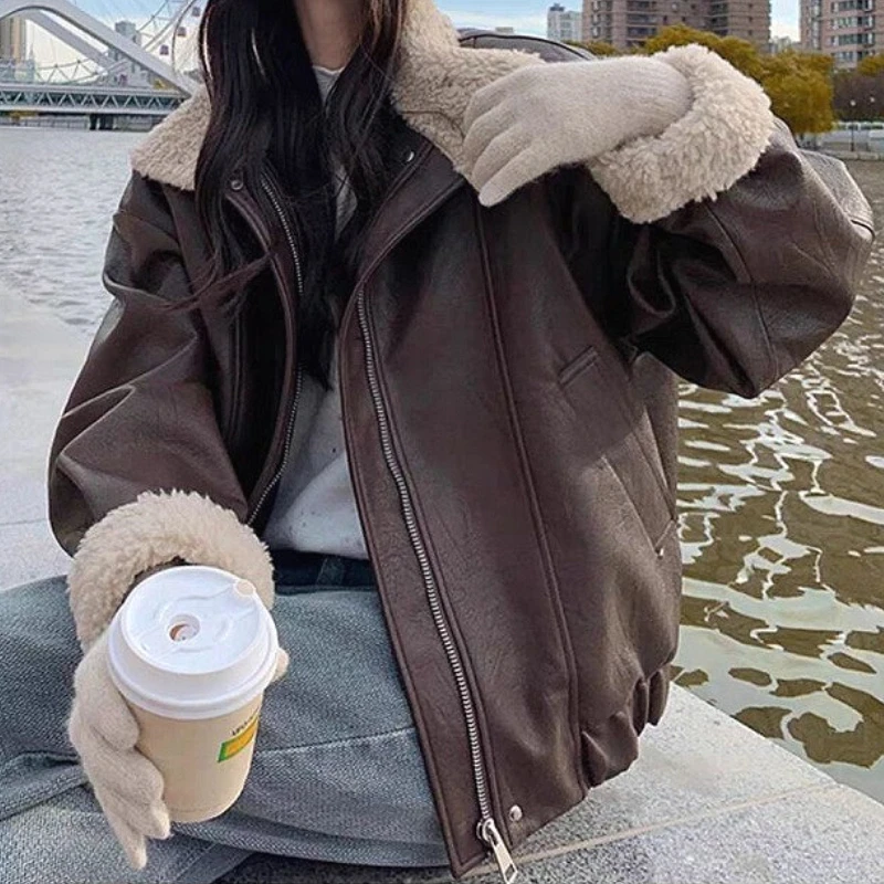 معاطف النساء سترات من الجلد الصناعي رفض طوق معطف صوف الضأن العمل Y2k الشارع الشهير سترة سستة ملابس خارجية الخريف الشتاء #1