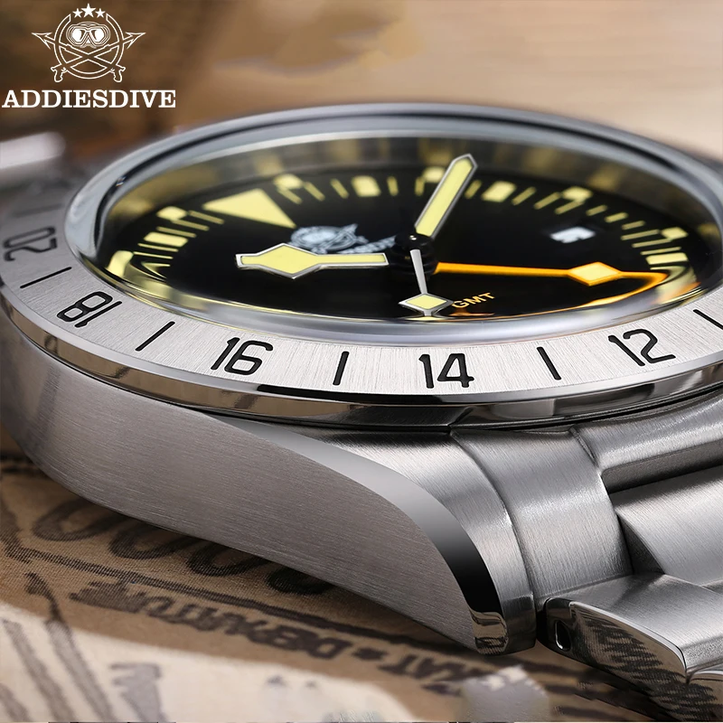 ADDIESDIVE GMT Mens Quartz Watch Stainless Steel 20Bar Diving Relogio Masculino AD2036 Bubble Mirror Glass Luminous Wristwatches