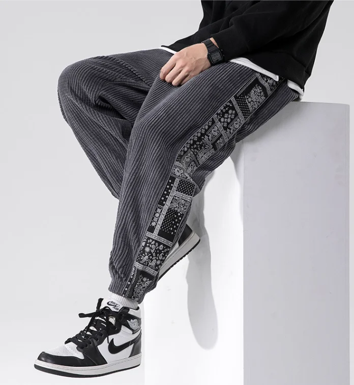 メンズプラスサイズコーデュロイハーレムパンツ カシューフラワーパッチワーク和風カジュアルゴムウエストスポーツパンツ