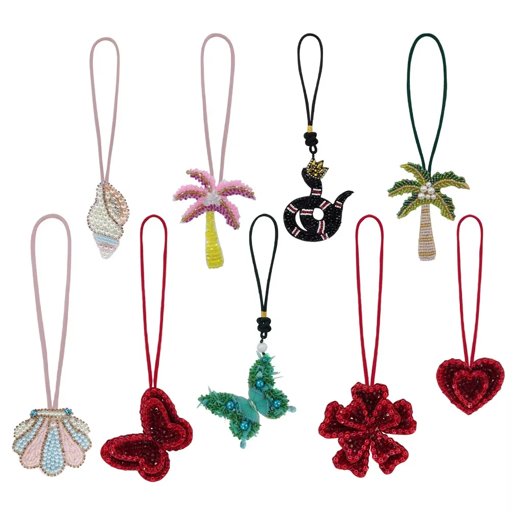 

3D Handmade Rhinestone Beaded Coconut Tree Butterfly Pearls Tassels Hanging Rope Crystal Bag Lanyard Patches Keychain Pendant