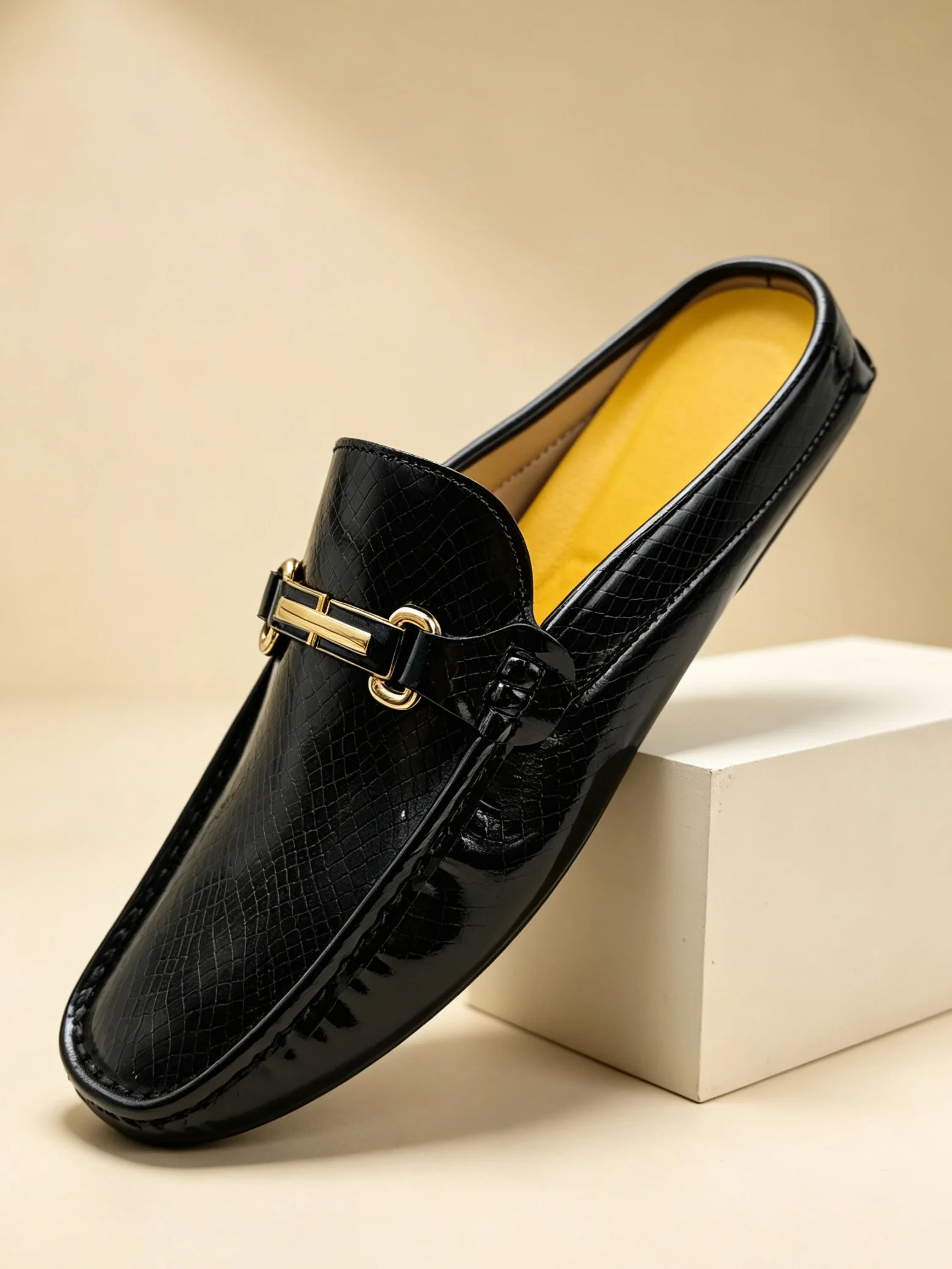 2026 Summer Mules Half Shoes Patent Leather Mens Semi-Drag Casual Shoes Backless Loafers Slippers Male Slides Large Size 40-46