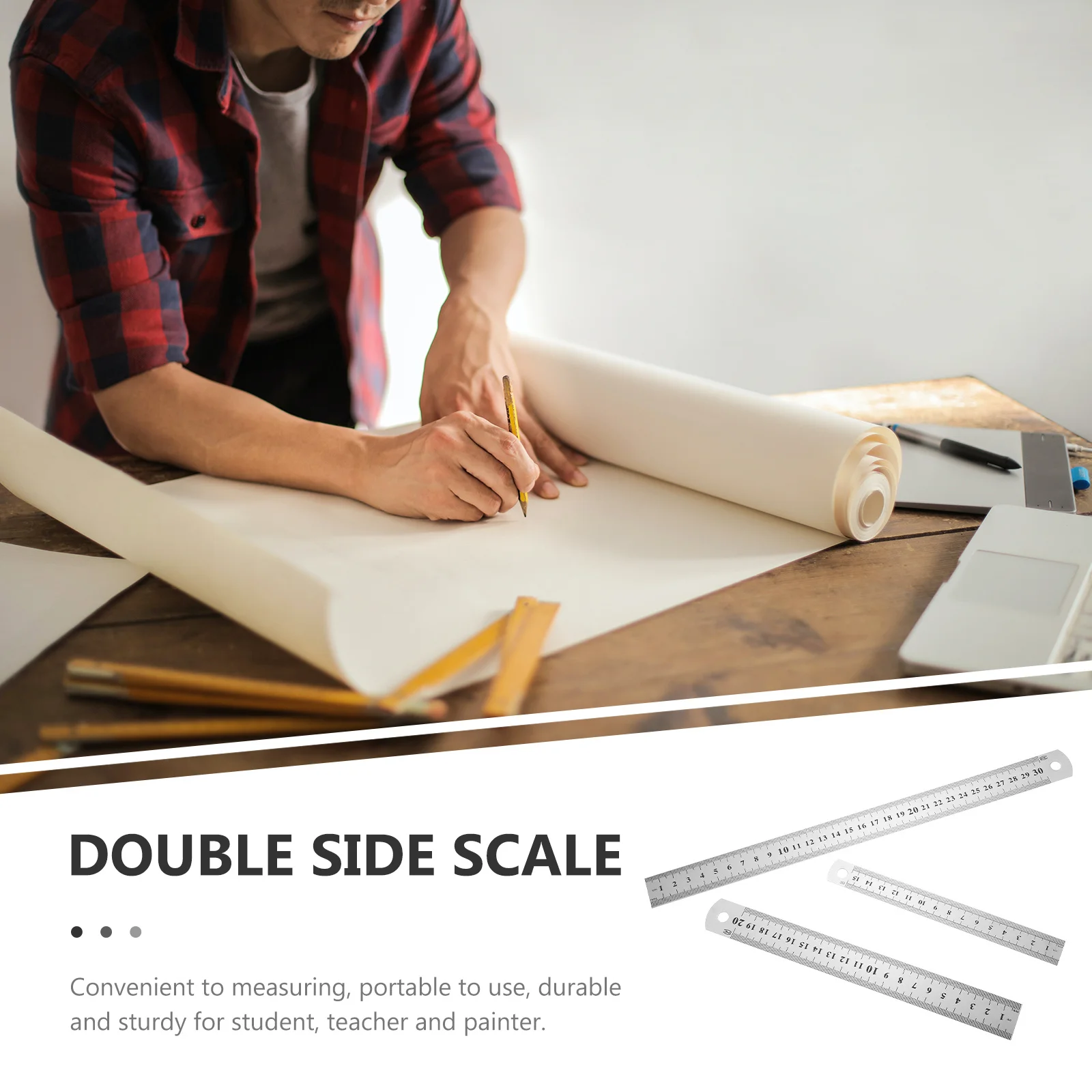 مجموعة مسطرة معدنية مكونة من 3 قطع أداة رسم بحافة مستقيمة ومقياس مزدوج الجوانب مساطر فولاذية دقيقة لاستخدام مكتب الفنان الطلابي #2