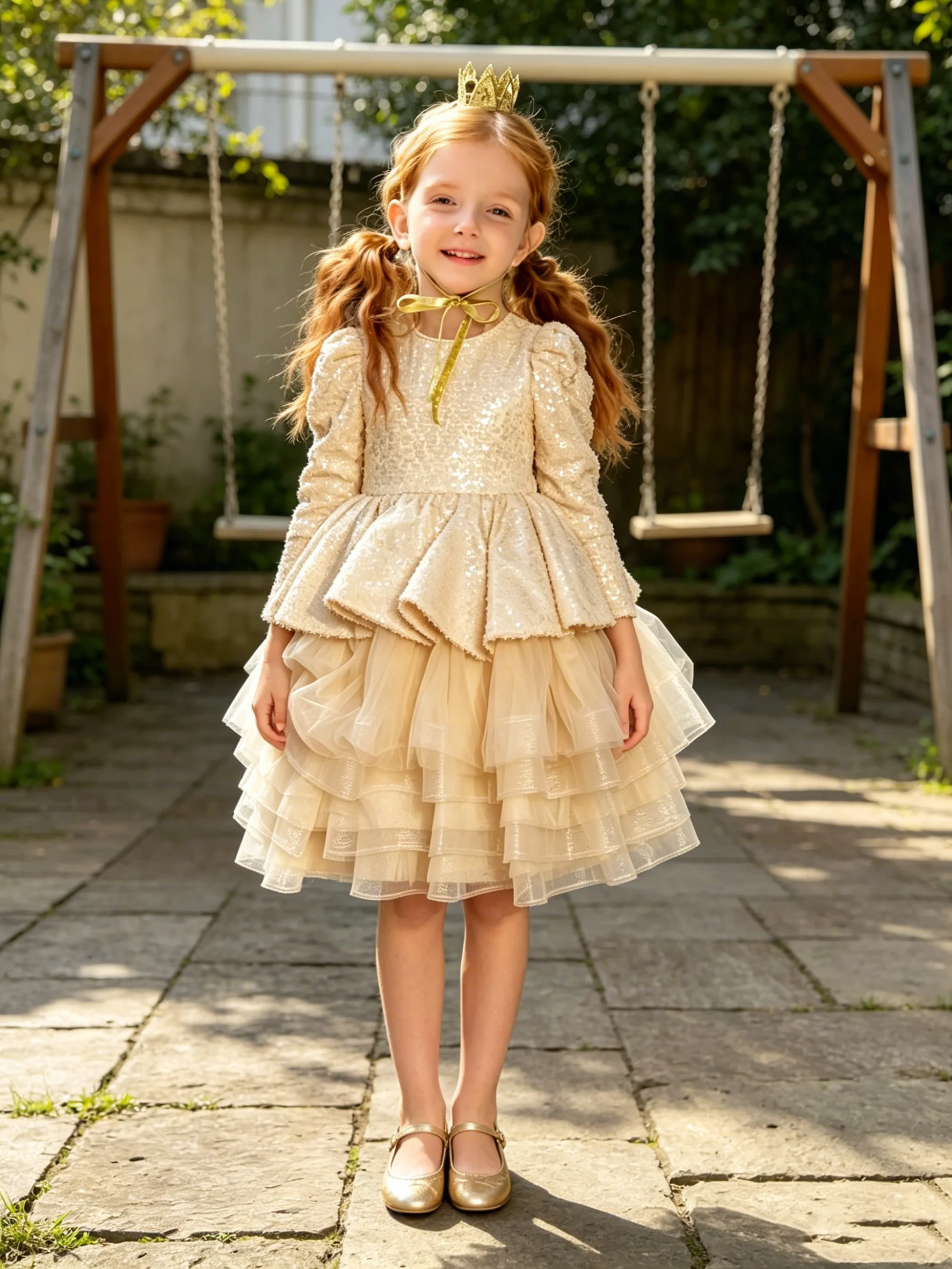 Custom Champagne Sequin Flower Girl Gown 3 Quarter Sleeve Puffy Tiered Tulle Cake Skirt Oversized Satin Back Bow Children Weddin