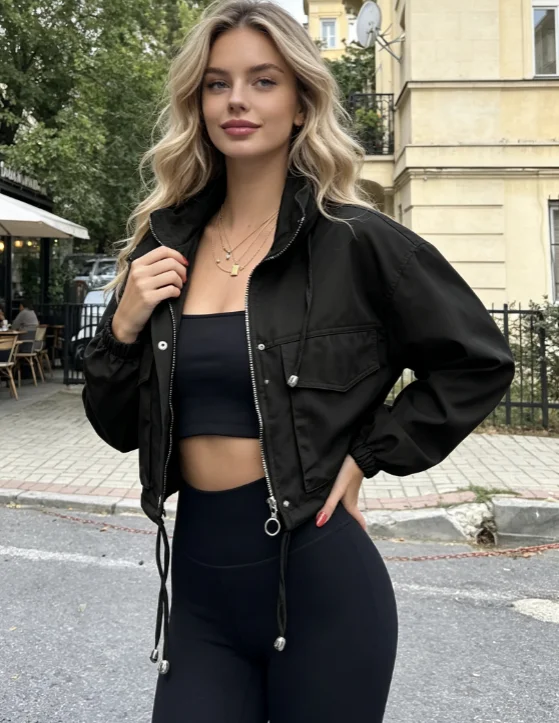Black Cropped Utility Jacket Stand Collar Zip Drawstring Hem Elastic Cuff Flap Pocket Women Spring Autumn Streetwear Windbreaker