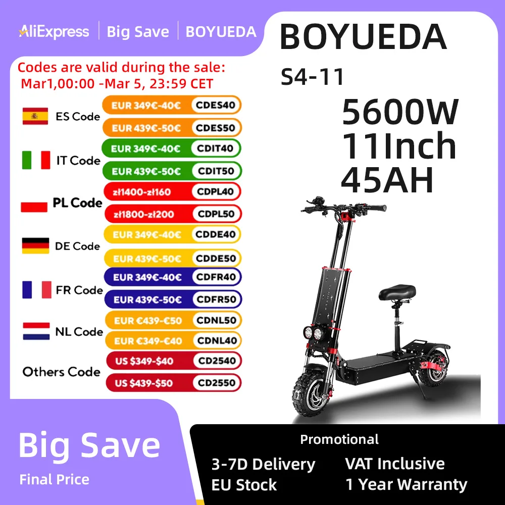 BOYUEDA S4-11 6000W High Power Dual Motor 60V 38AH Battery 11inch Folding E-Scooter Off-road Electric Scooters