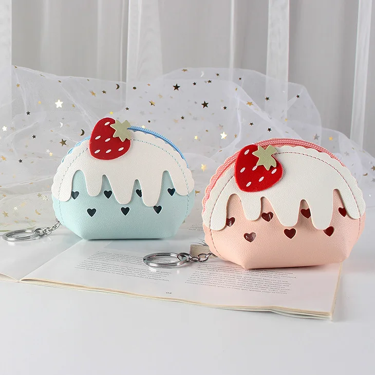 BERKI STAR Lovely Strawberry Coin Purse Zipper Keychain Bag Cute Mini Wallet  Ice Cream Small Organizer Bag for Women