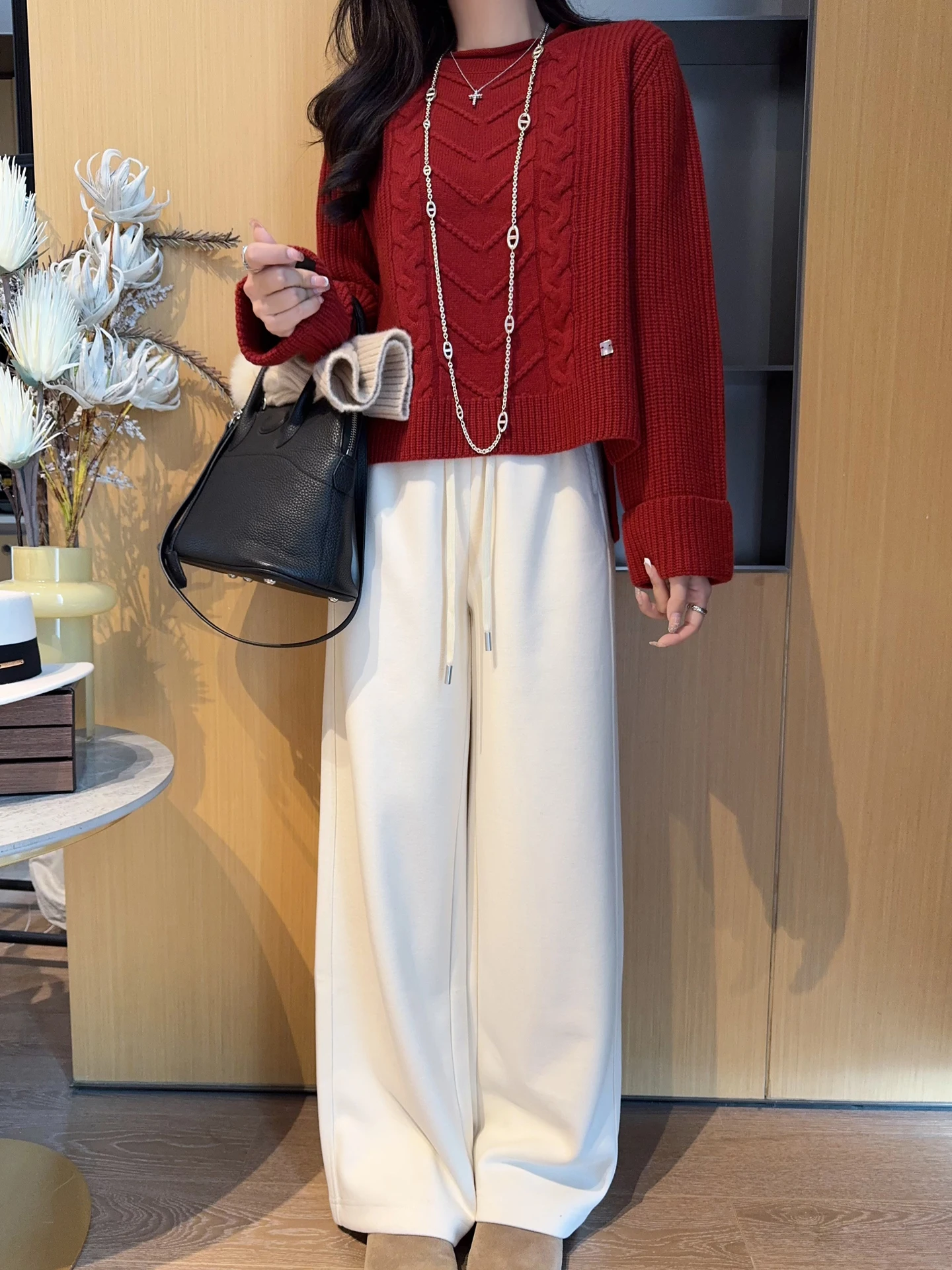 

Универсальные утепленные зимние повседневные брюки свободного кроя с эластичным поясом на шнурке, темно-серые, прямые, женские