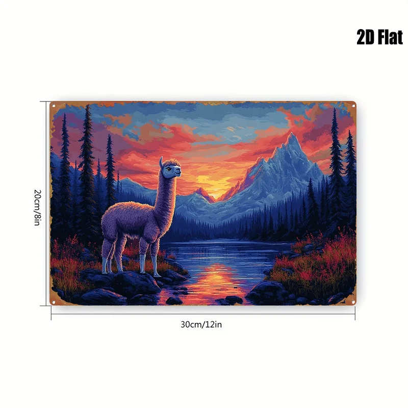 2D Flat, 1pc 2D Flat Painting, Alpaca at Sunset Mountain Range Scenery Metal Wall Hanging Decorative Art, Iconic Figure, Suitabl