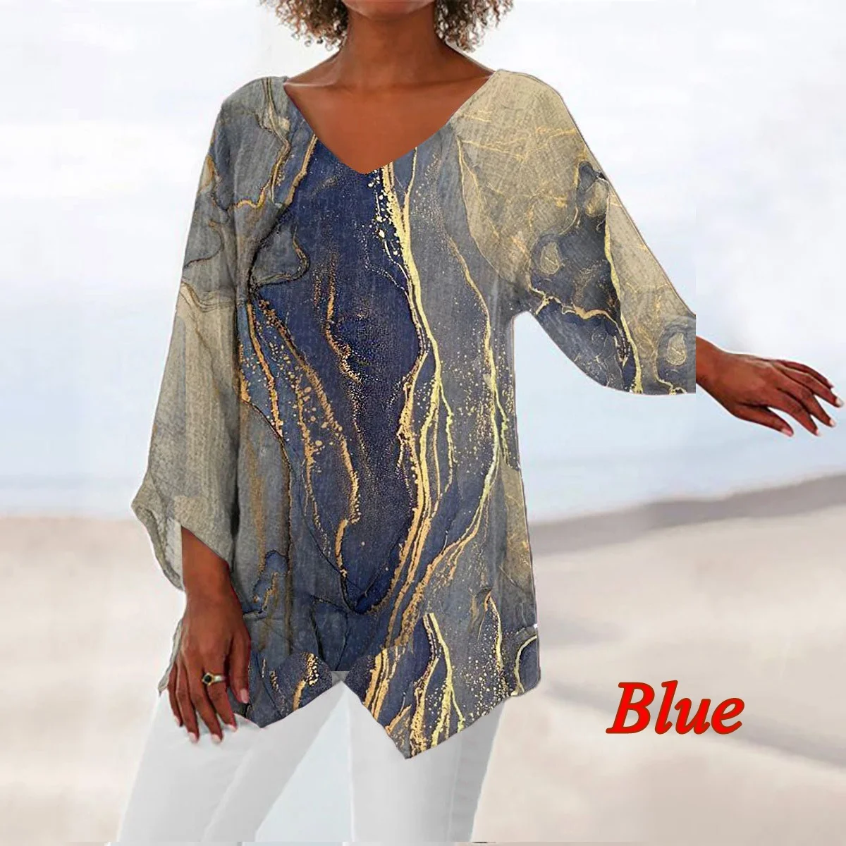 2022 Spring and Autumn Fashion Women Retro Print Long Sleeved T-shirt Irregular Hem Casual Loose Tops Shirts V Neck Blouse
