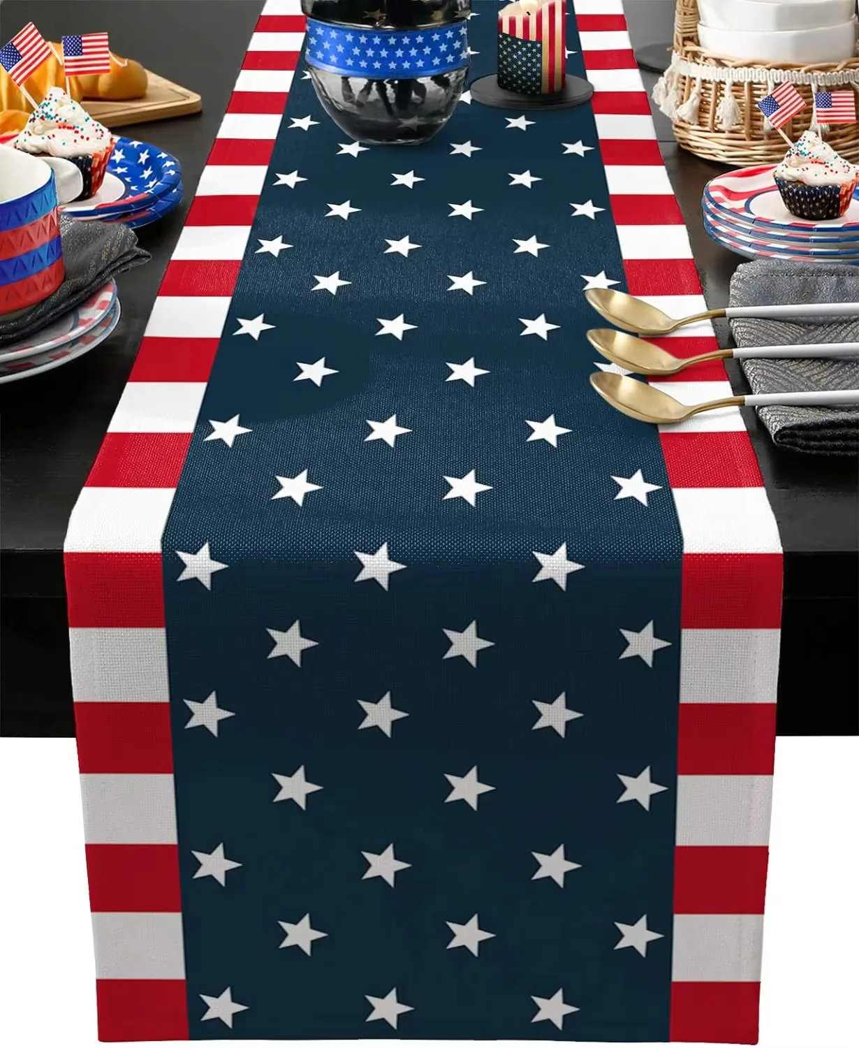 4th of July Linen Table Runner Farmhouse, Washable Independence Day Decor for Kitchen Dining and Party Occasions