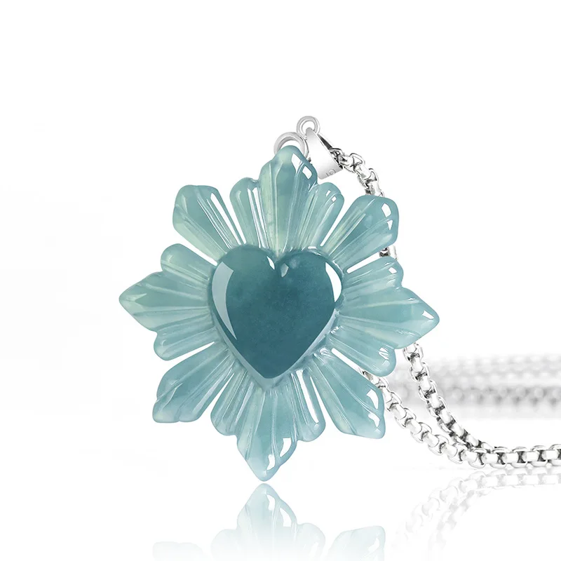 

Myanmar Jadeite Heart Pendant Necklace Vintage Natural Jewelry Accessories Real Jade Fashion 925 Silver Gifts for Women