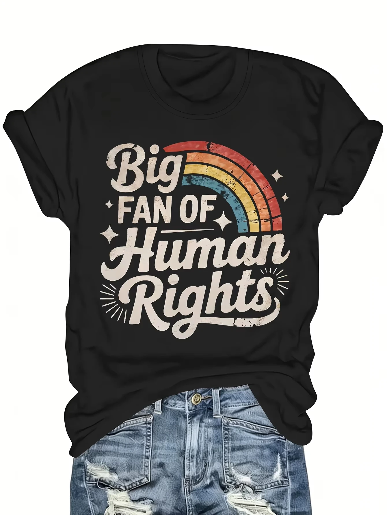 Big Fan Of Human Rights Women's Tee - Retro Rainbow Graphic Multi Colors Available, Y2K Top for Back To School Vacation Daily