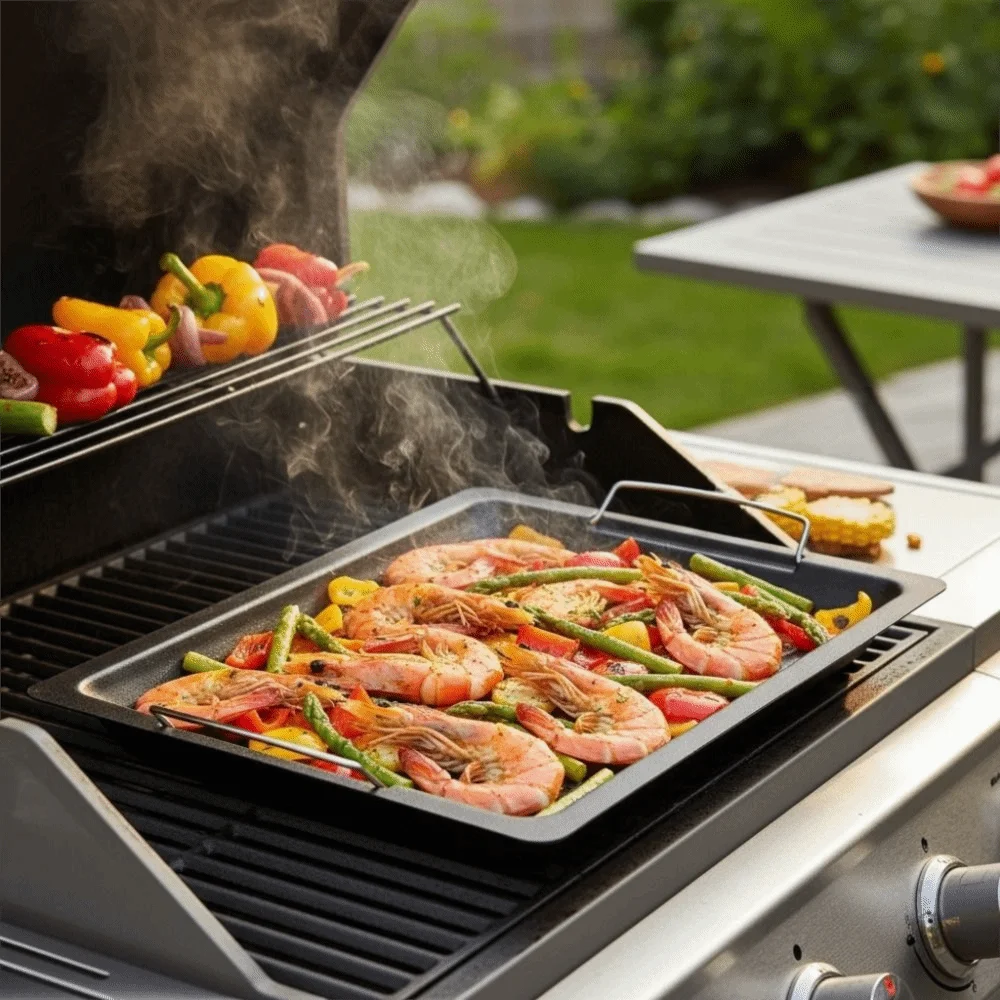 Non-stick Outdoor BBQ Grill Pan with Handle Striped Groove Grilling Tray Rectangular Fast-heating Grilled Fish Platter