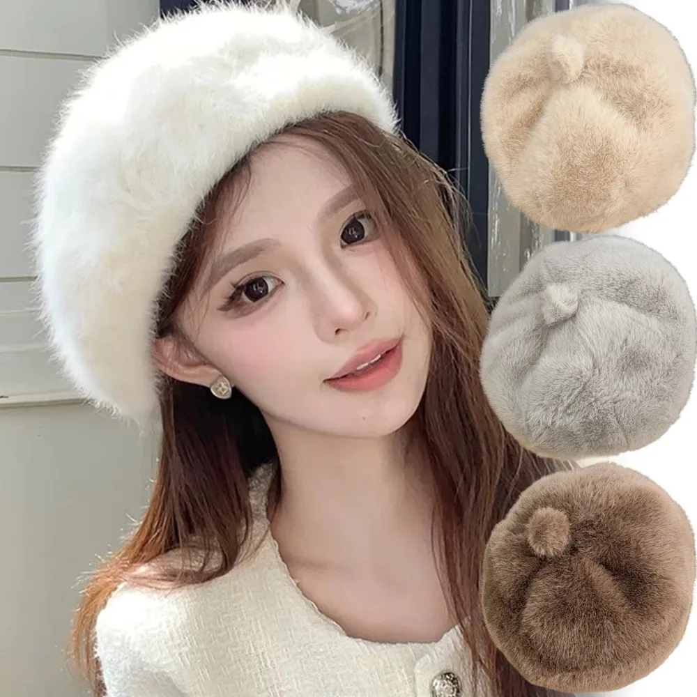 Leopard Print Faux Rabbit Fur Beret Solid Color Flush Furry Painter Beret Hat Keep Warm Thicken Octagonal Beanie Cap Women Girl