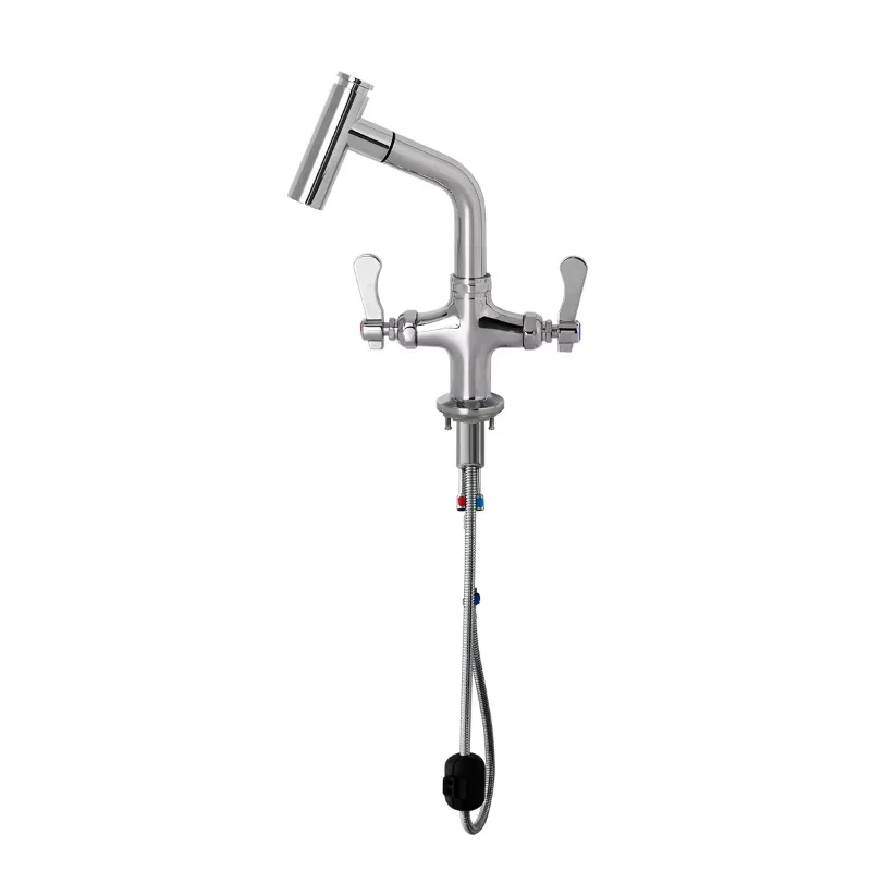 High Quality Double Handle Counter Mount Chrome Plated Commercial Outdoor Kitchen Sink Faucet 360 Degree Rotary Pull-down Nozzle