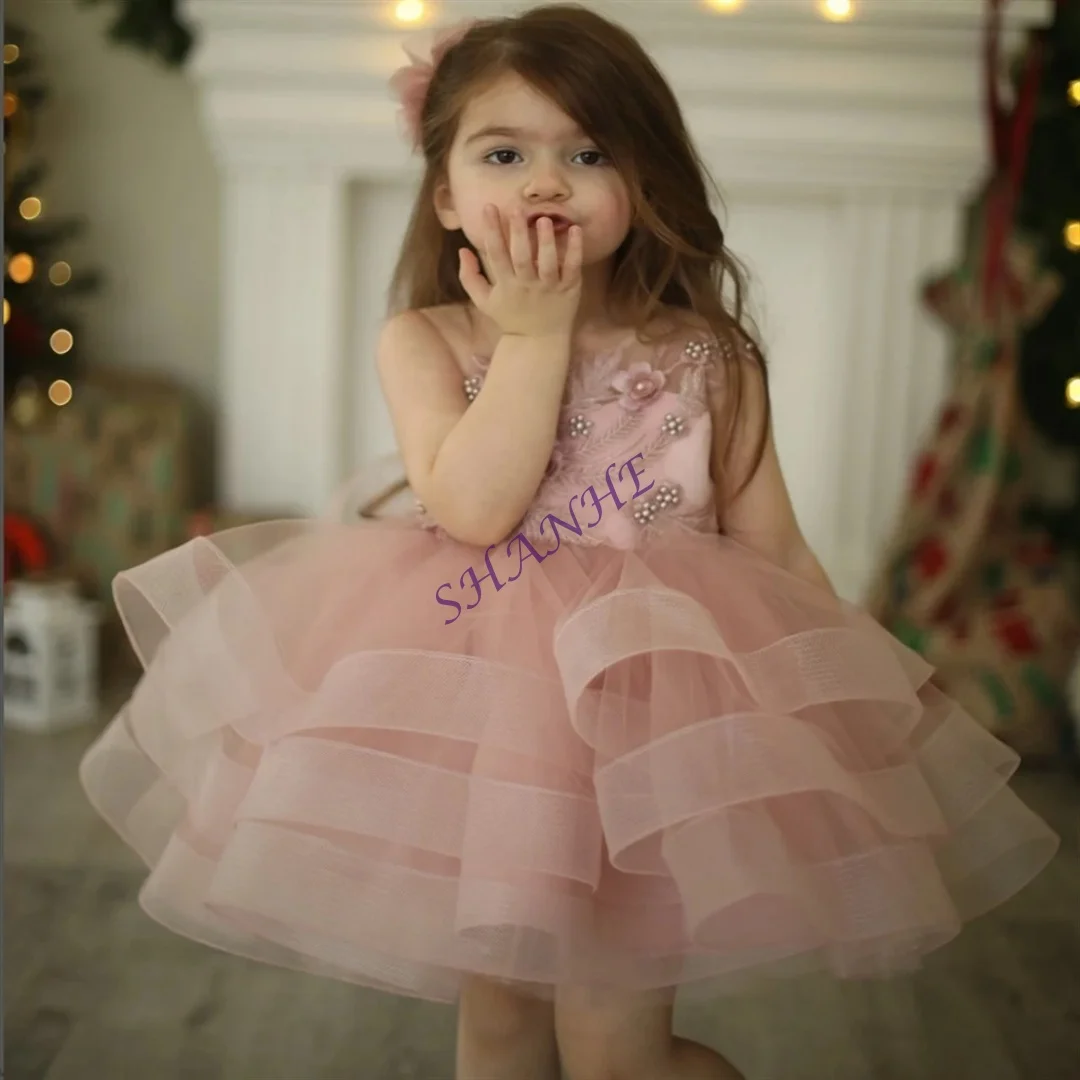 CustomizedLight Pink Flower Girl Dress Tulle Puffy Applique Pearls Knee Length Sleeveless Child's First Eucharistic Birthday Dre