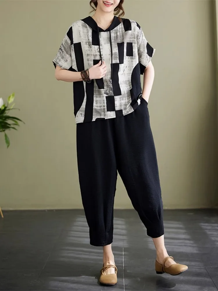 

Summer Fashion Vintage Patchwork Print Two Pieces Sets for Women Loose Casual Hoodie Tops Elastic Waist Black Pants Twisets