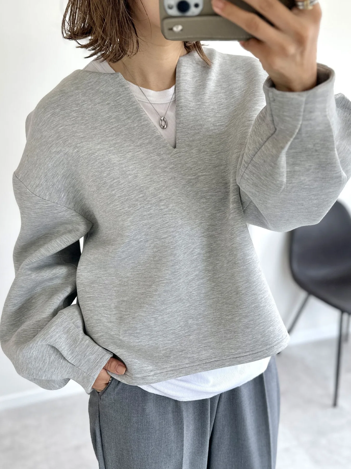 Loose Fit V-Ne Lantern Sve Sweatshirt Pure Kleur Herfst Winter Casual Veelzijdige Topjas voor Dames Street Sle