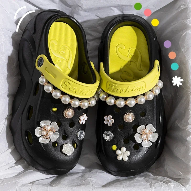 Fashion Diy Pearls Chain Clogs Sandals Women Flowers Crystal Chunky Platform Sandals Woman Outdoor Beach Thick Sole Garden Shoes