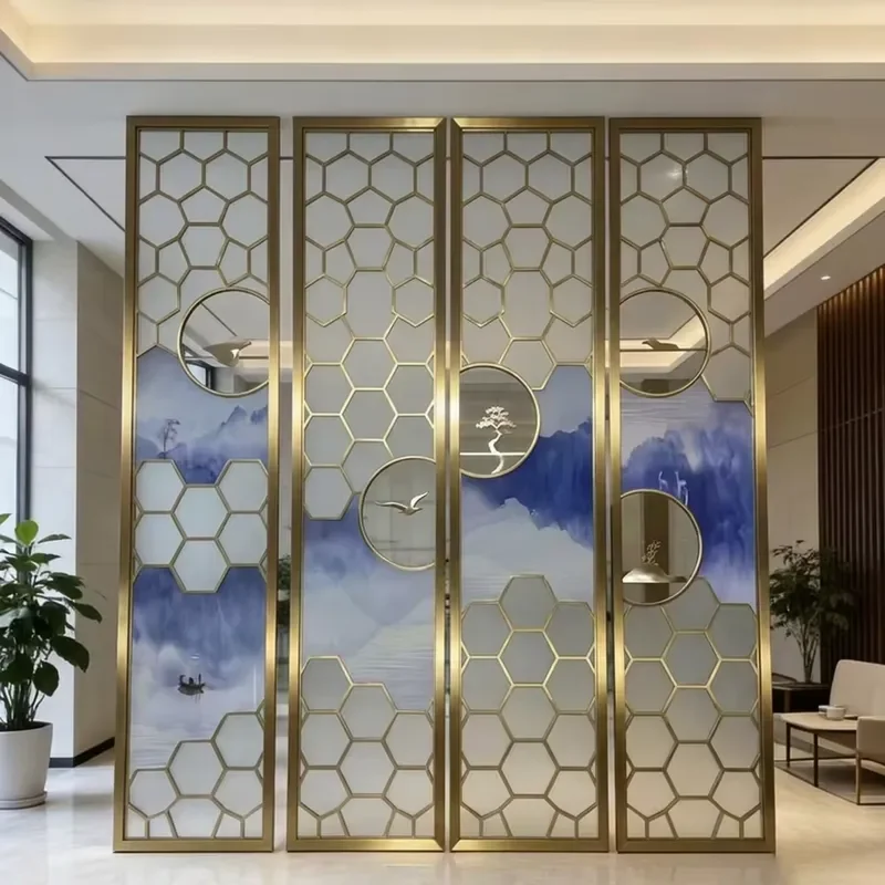 Chinese Japanese Style Stainless Steel Glass Screen Partition Room Divider, Cut Art Panel, Gold PVD Finish, Custom Made